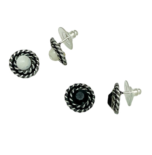 Pack de pendientes redondo filiigrana  piedra nacar y SW negro plata 10µ