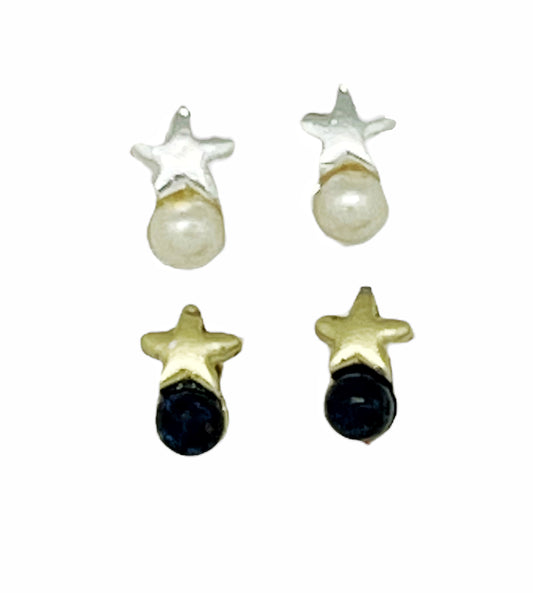 Pack de pendientes estrella mini con bolita perla en plata 10µ y lapislazuli en dorado