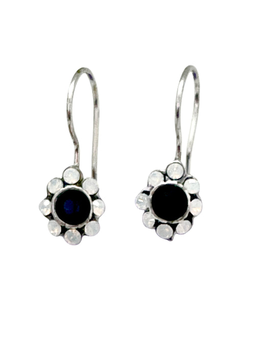 Pendiente flor cristal Sw en negro y blanco plata 10µ
