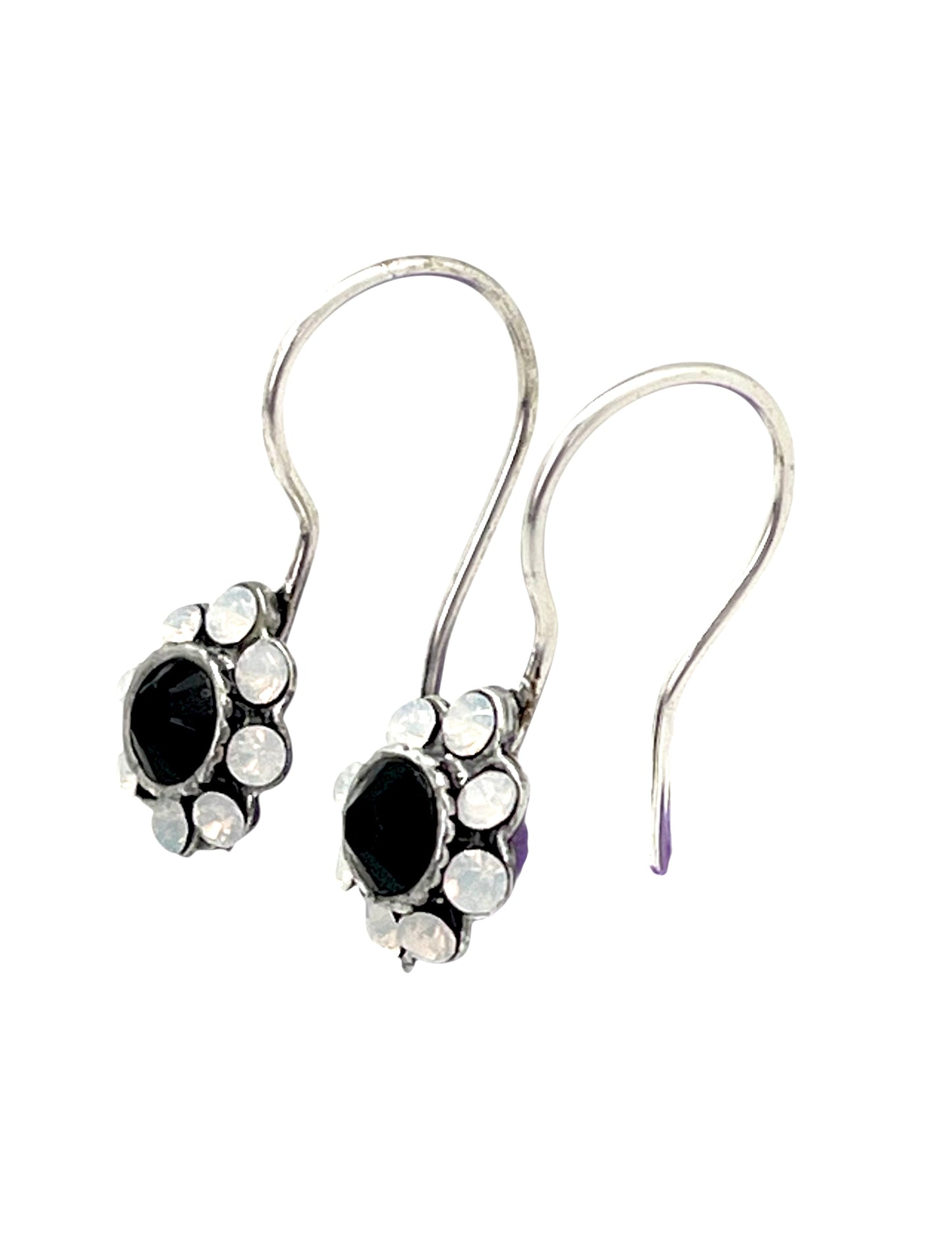 Pendiente flor cristal Sw en negro y blanco plata 10µ