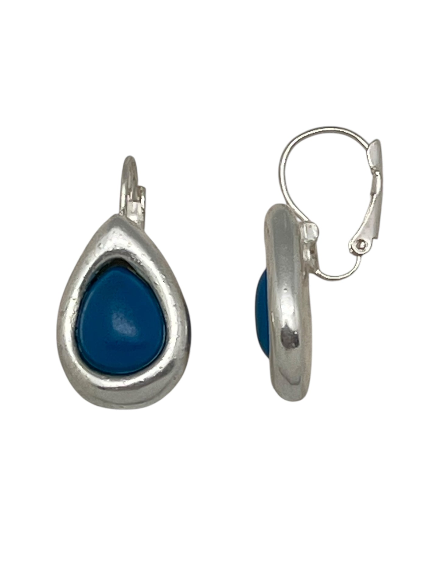 Pendiente dormilona estilo lagrima con resina azul en plata 10µ