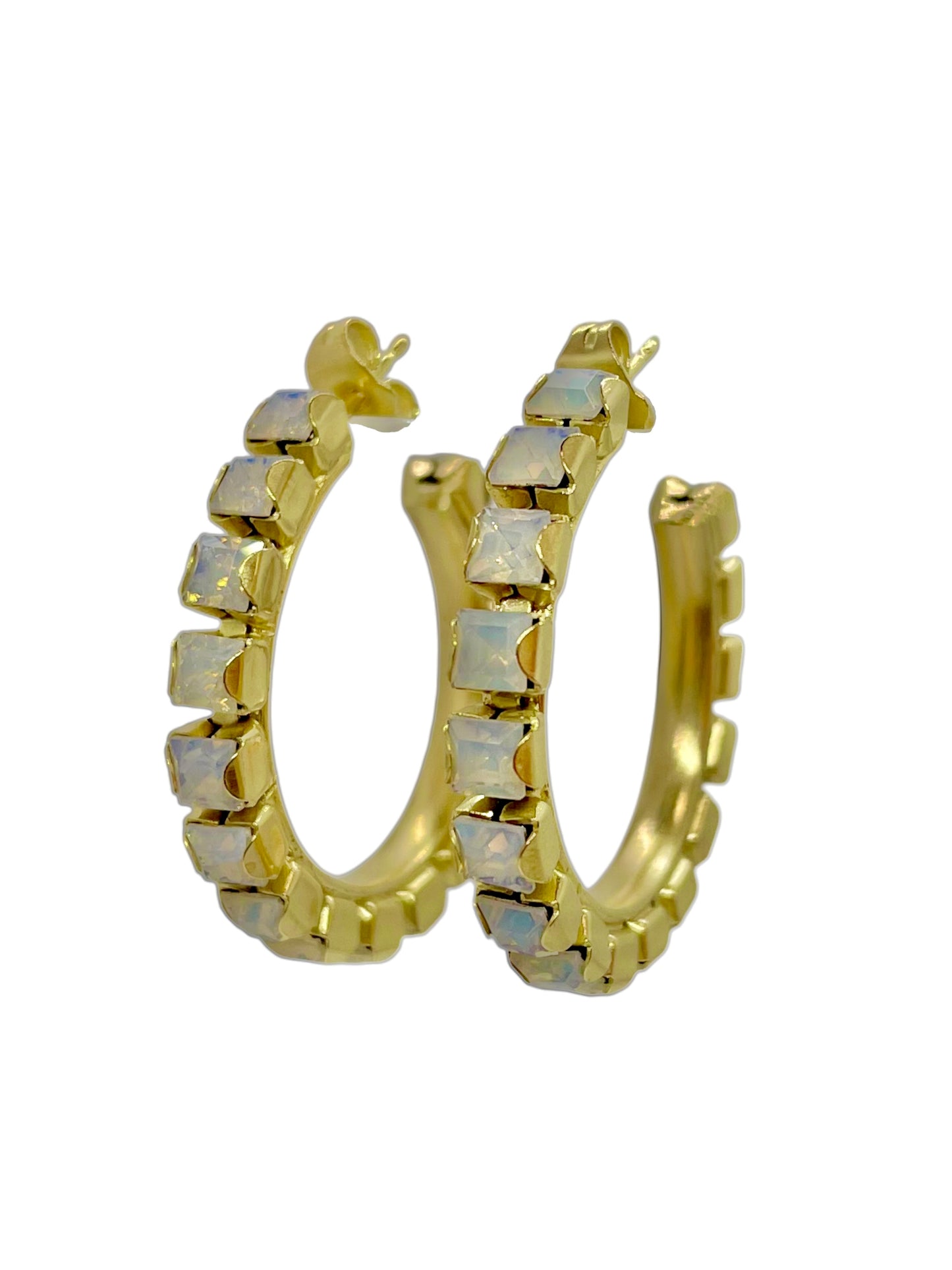 Pendiente dorado aro cristal 4x4 Sw  white opal