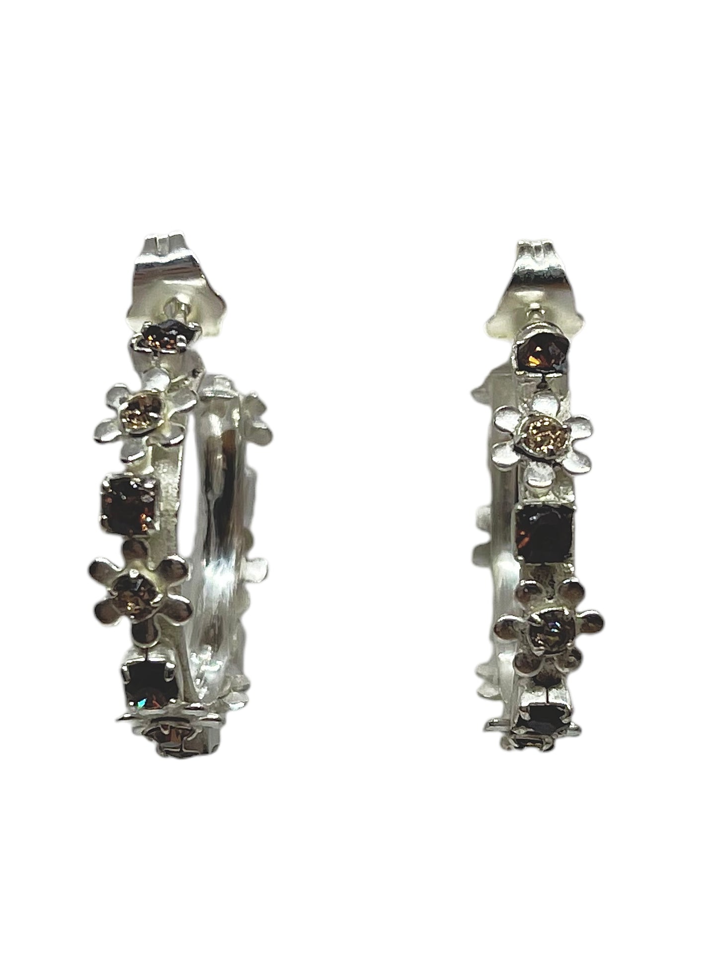 Pendiente aro pequeño Sw cristal mix plata marrones flores