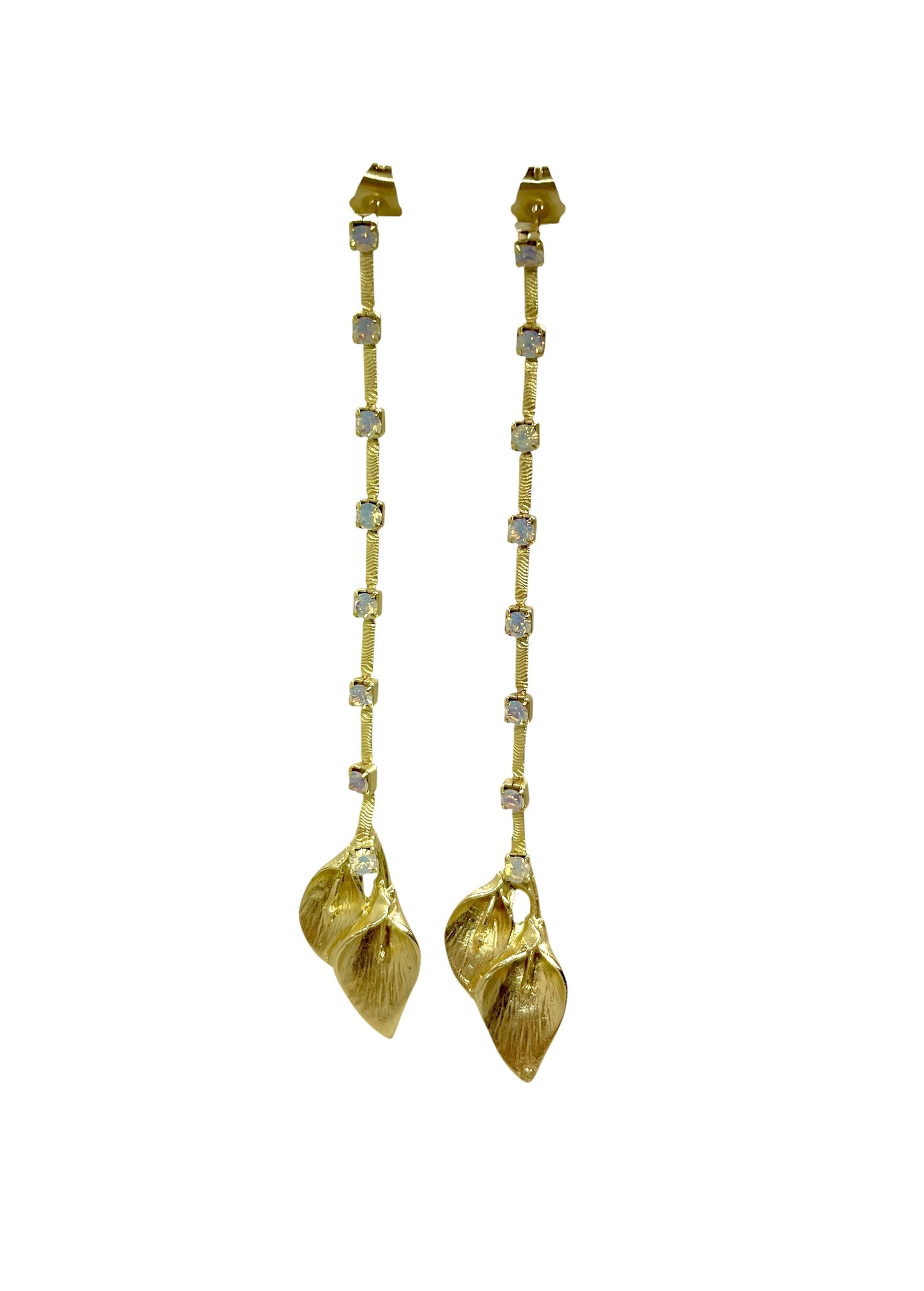 Pendiente largo flor dorado cadena cristal Sw white opal