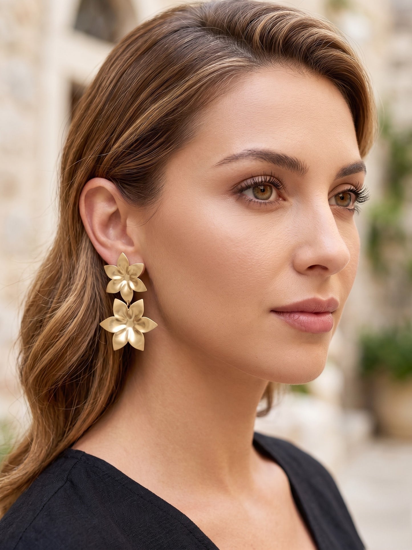 Pendiente doble flor colgante laton plata10µ o dorado