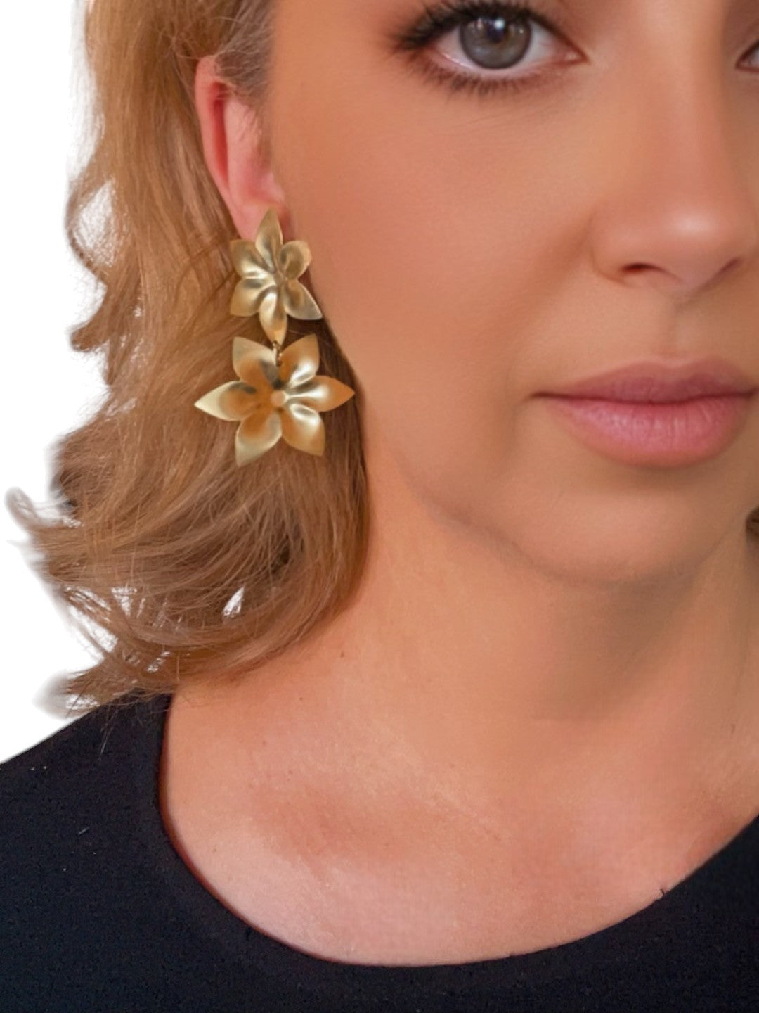 Pendiente doble flor colgante laton plata10µ o dorado