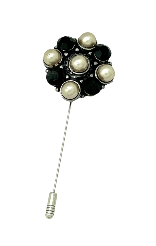 Broche - Alfiler Redondo con Perlas y Cristales Negros plata 10µ