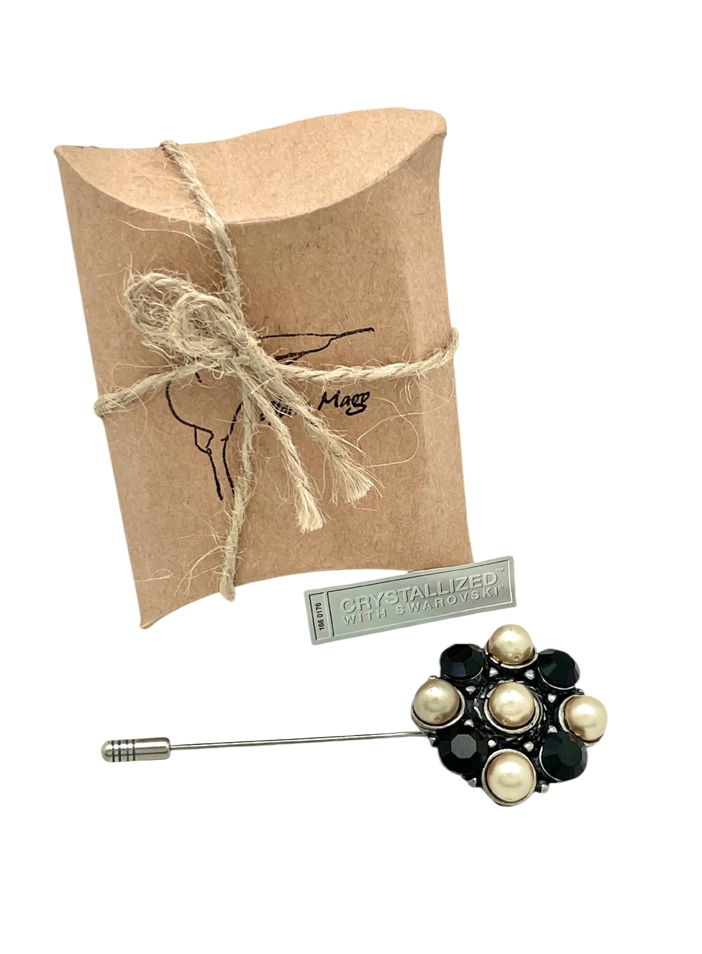 Broche - Alfiler Redondo con Perlas y Cristales Negros plata 10µ