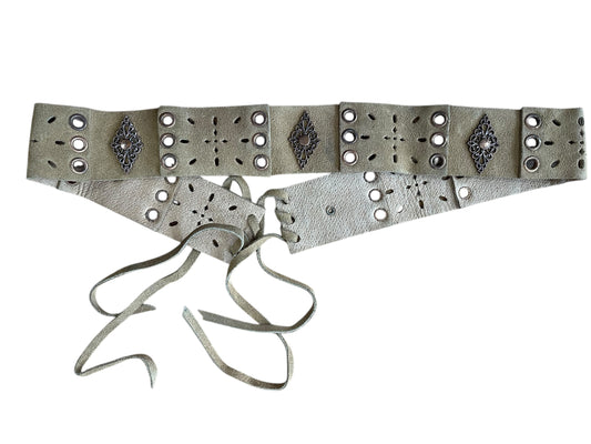 Cinturón piel piezas tipo corset ancho camel