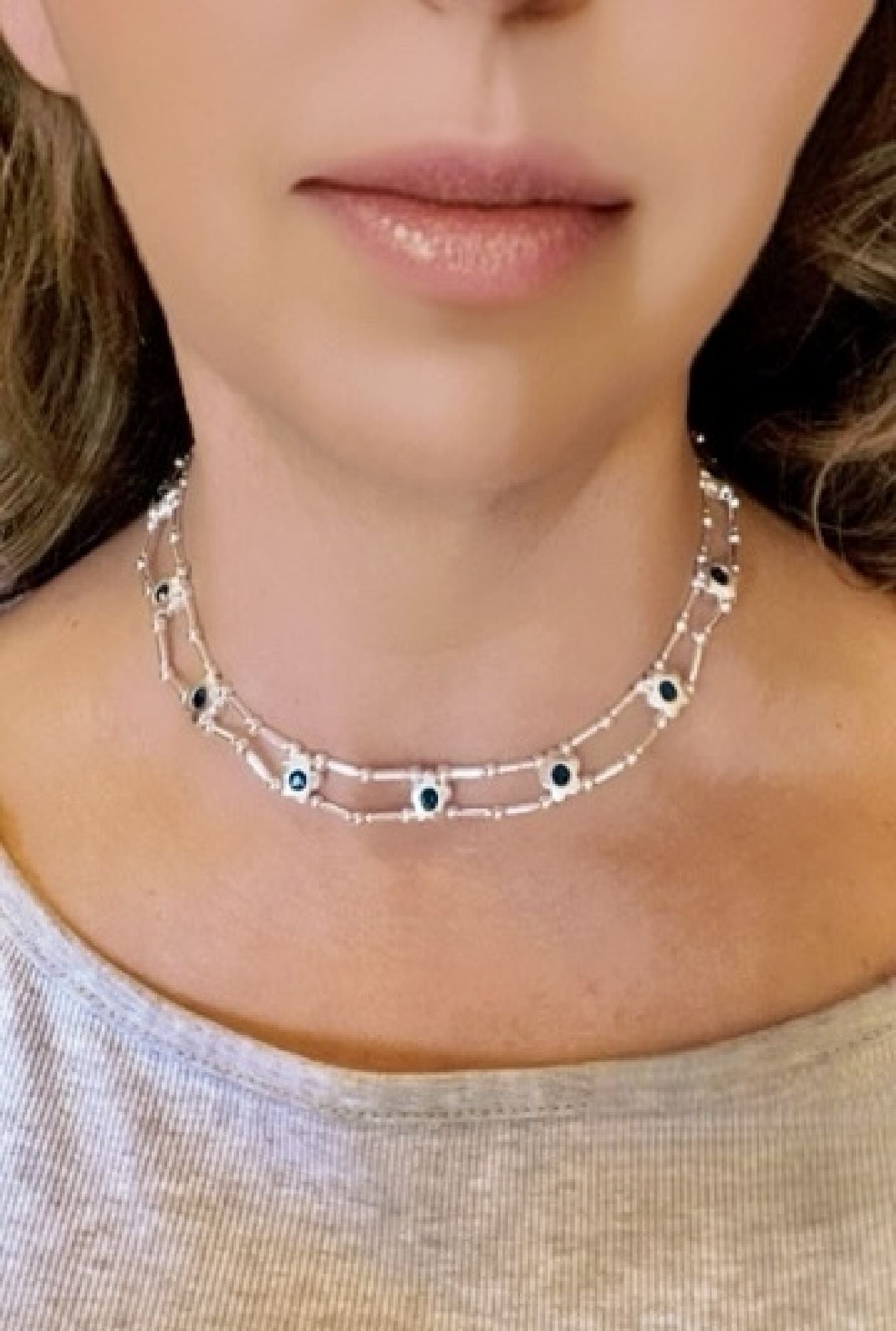 Gargantilla flores Sw en azul plata 10µ