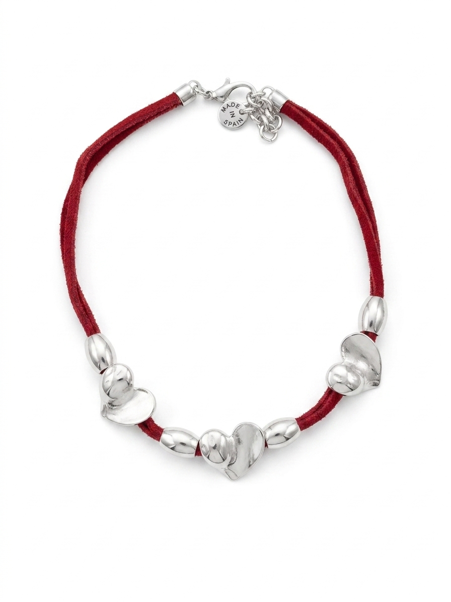 Collar corazónes plata y piel rojo