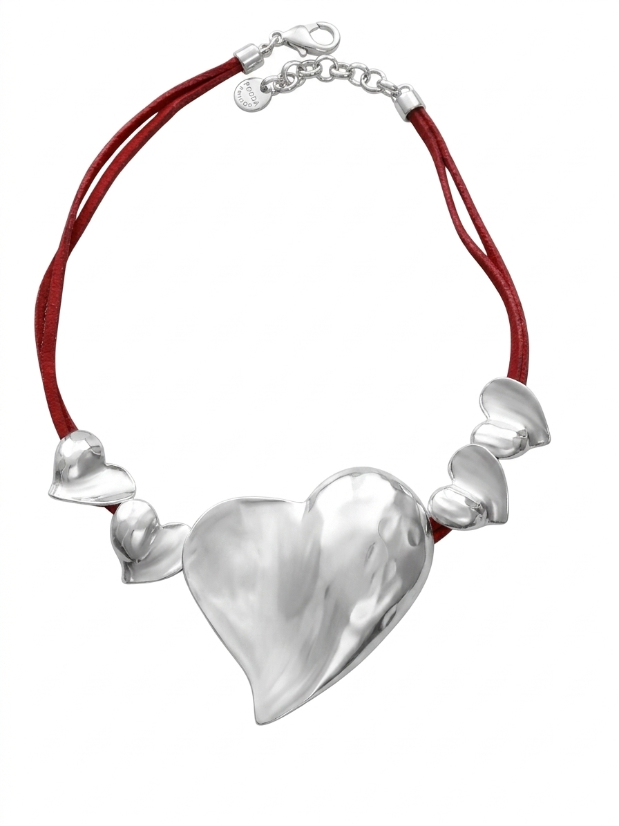 Collar maxi corazón plata 10µ y piel rojo