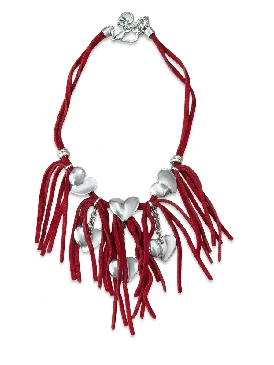 Collar corazones con flecos piel rojo