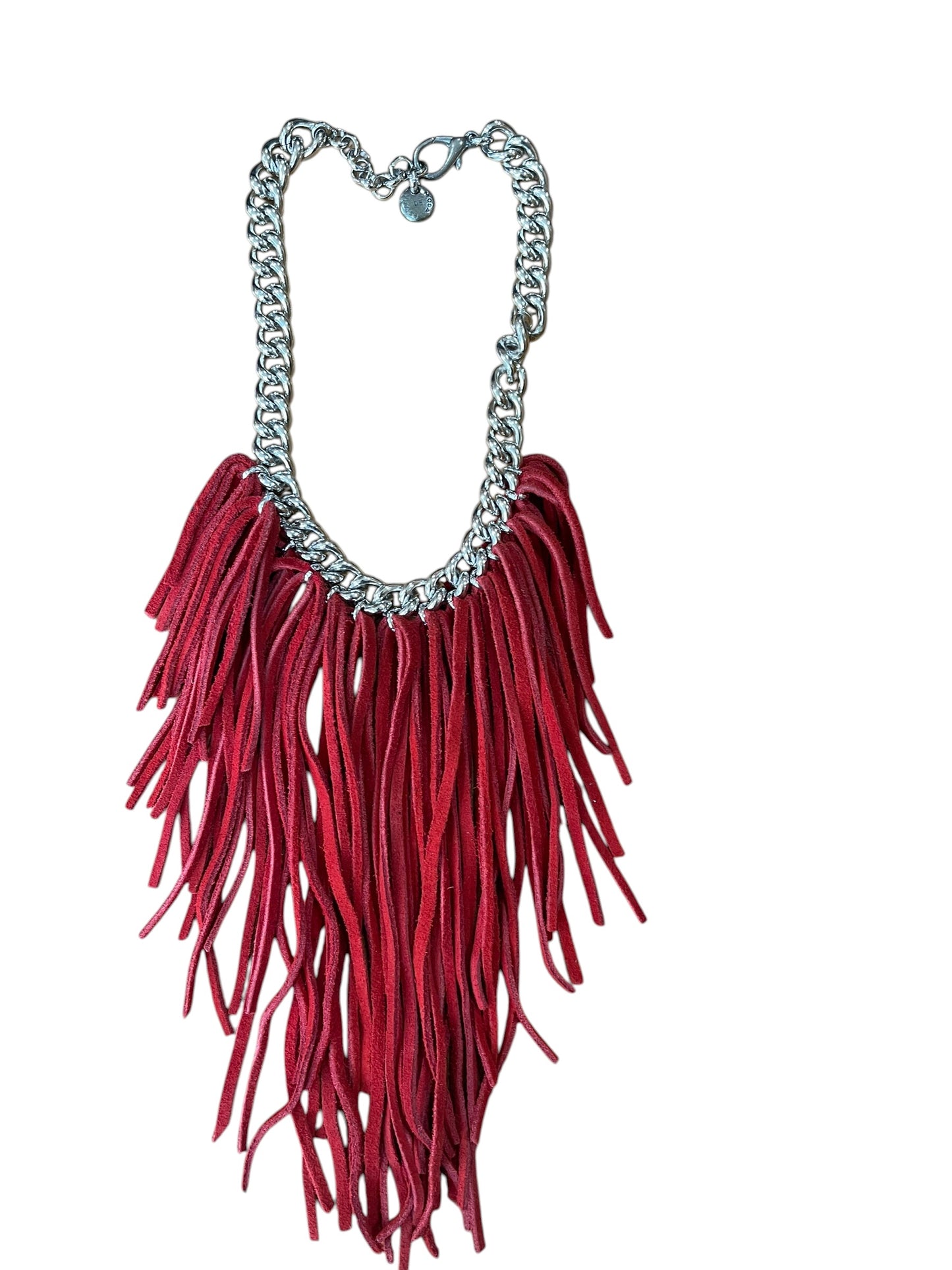 Collar flecos piel rojo y cadena plata