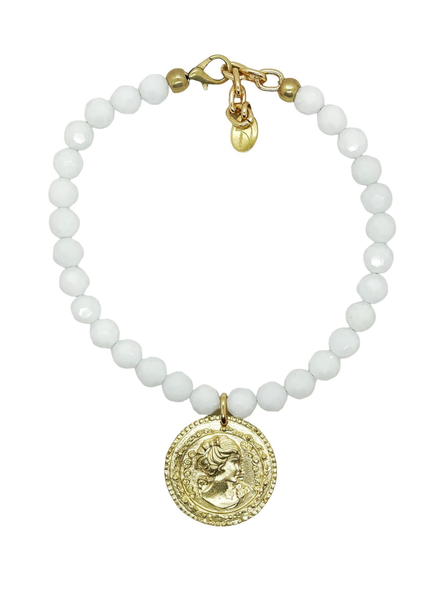 Collar cristal blanco y moneda GD en dorado