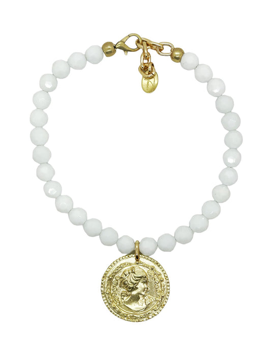 Collar cristal blanco y moneda GD en dorado