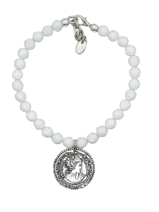 Collar cristal blanco y moneda GD en plata