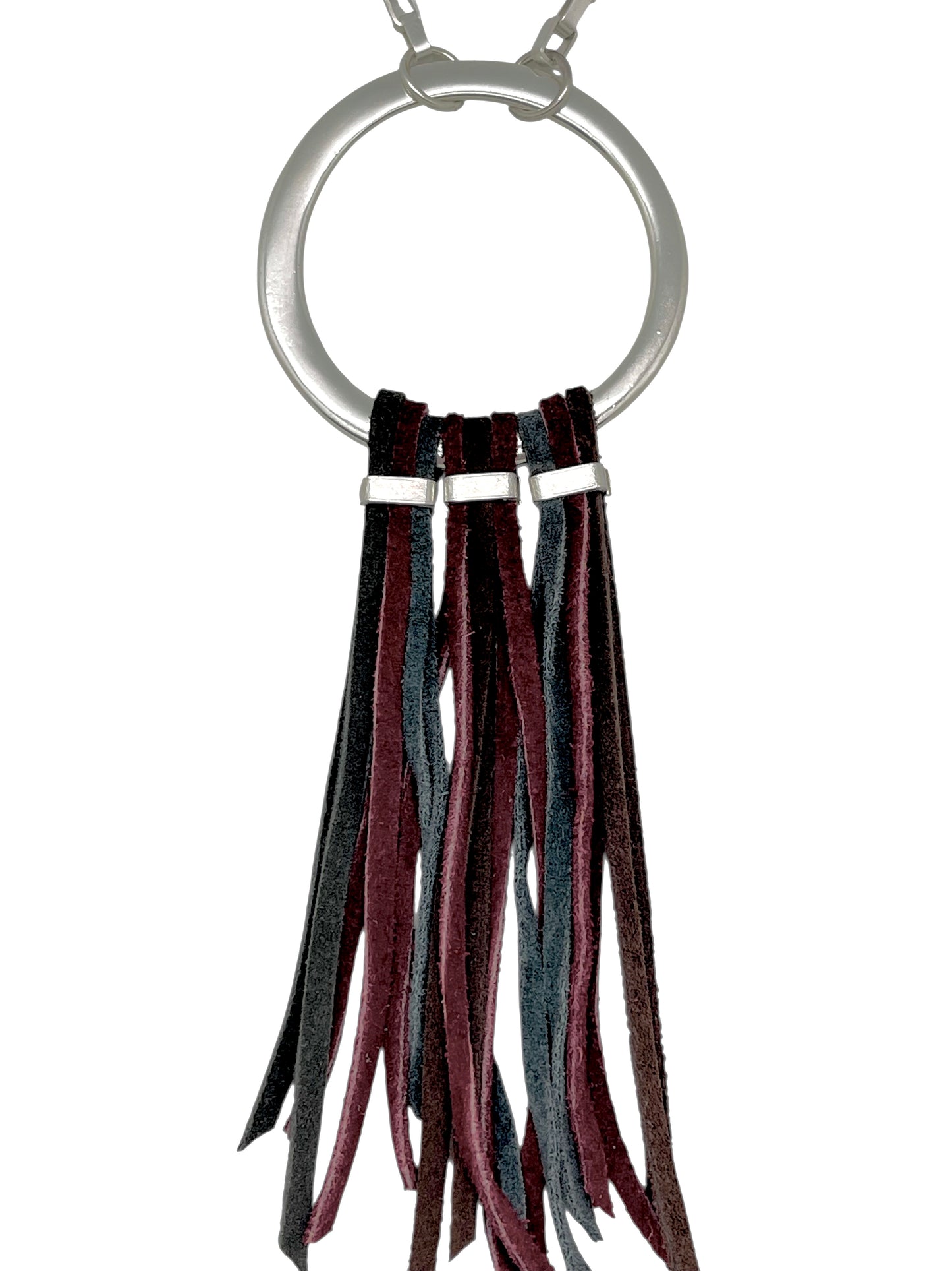 Collar Flecos largos piel burdeos y plata 10µ