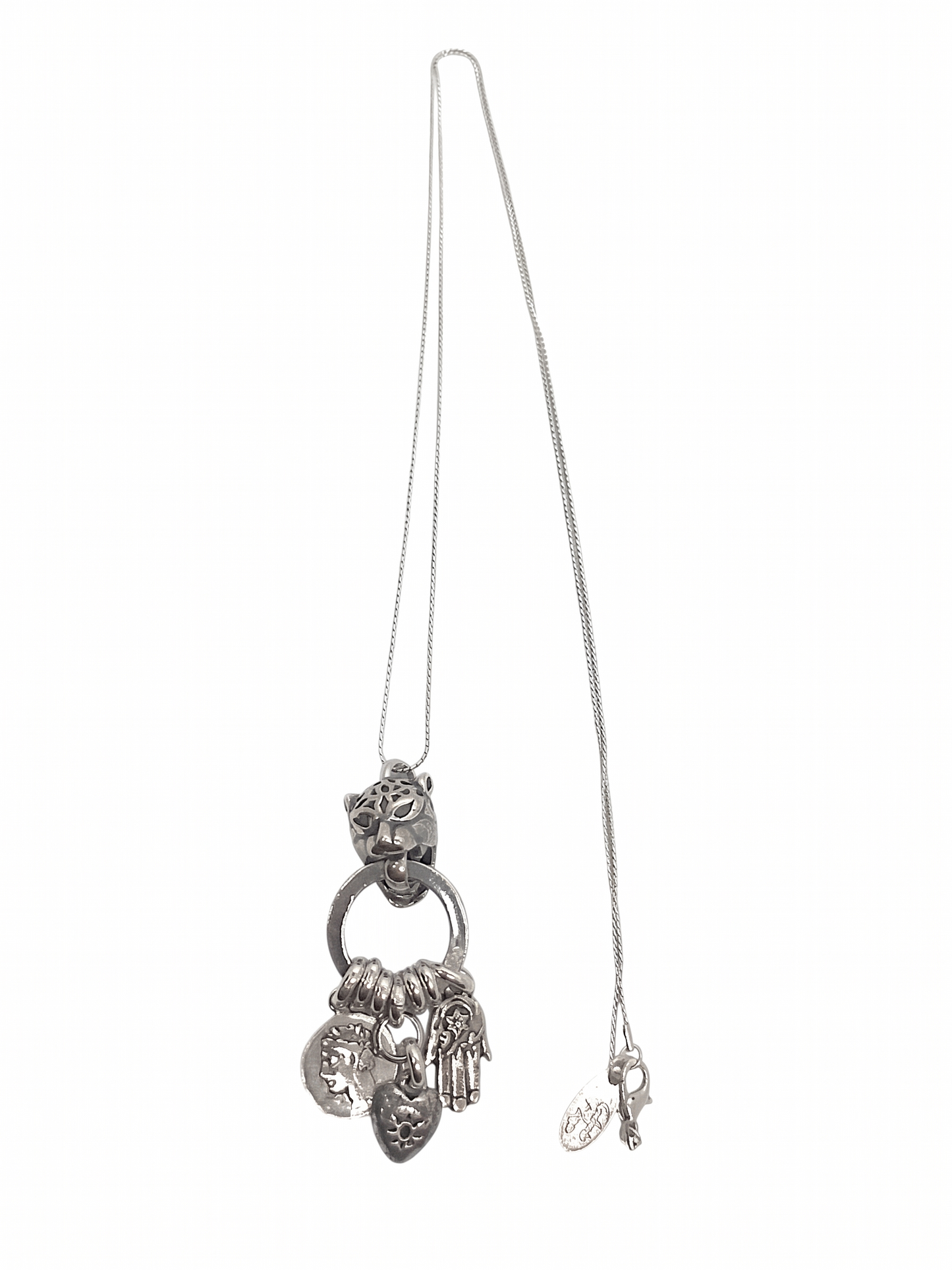 Collar largo tigre y charms plata 10µ y cadena de ratón