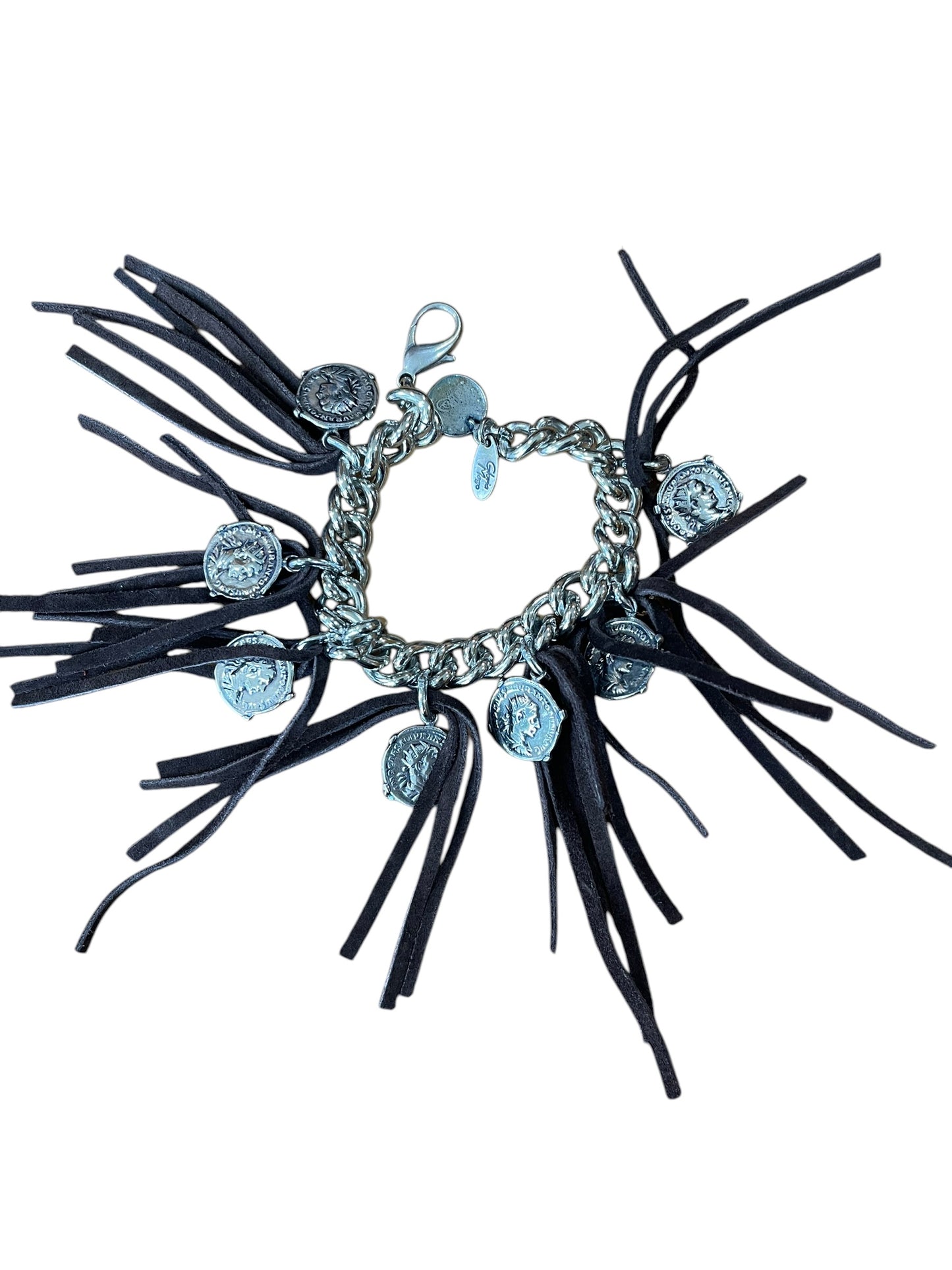 Pulsera flecos monedas marrón piel