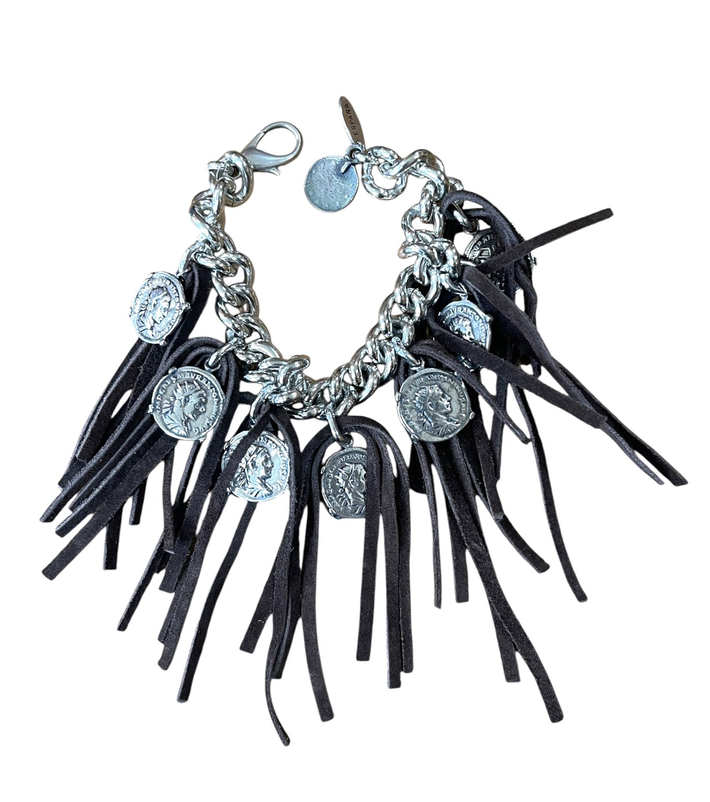 Pulsera flecos monedas marrón piel