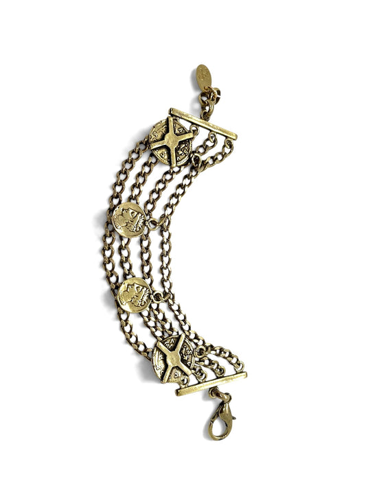 Pulsera multicadena con charms monedas en dorado latón