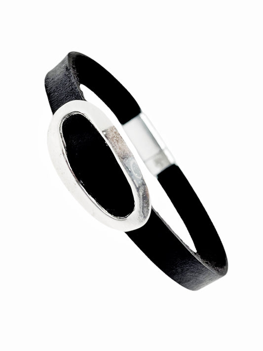 Pulsera cuero Hebilla cierre iman negro y plata