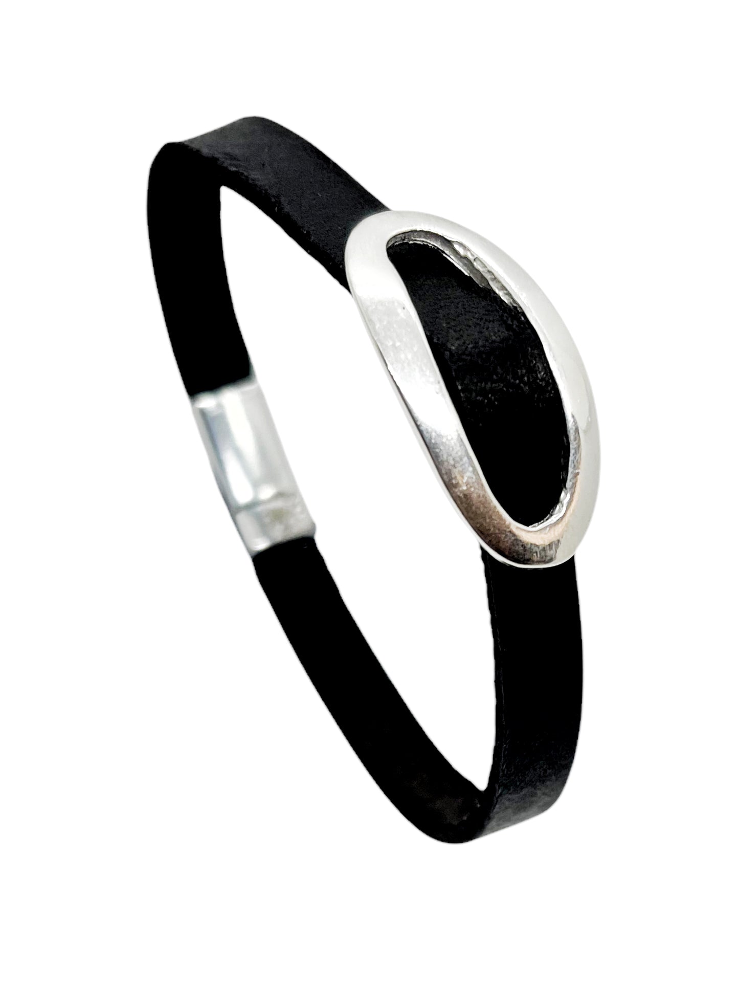 Pulsera cuero Hebilla cierre iman negro y plata