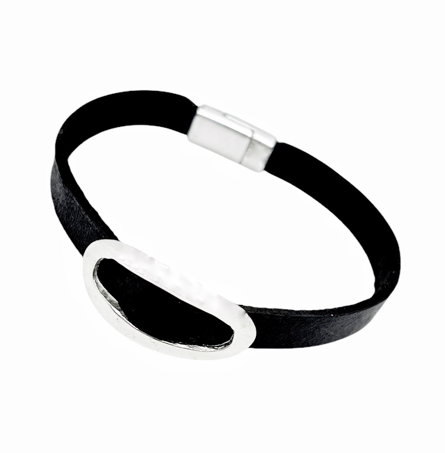 Pulsera cuero Hebilla cierre iman negro y plata