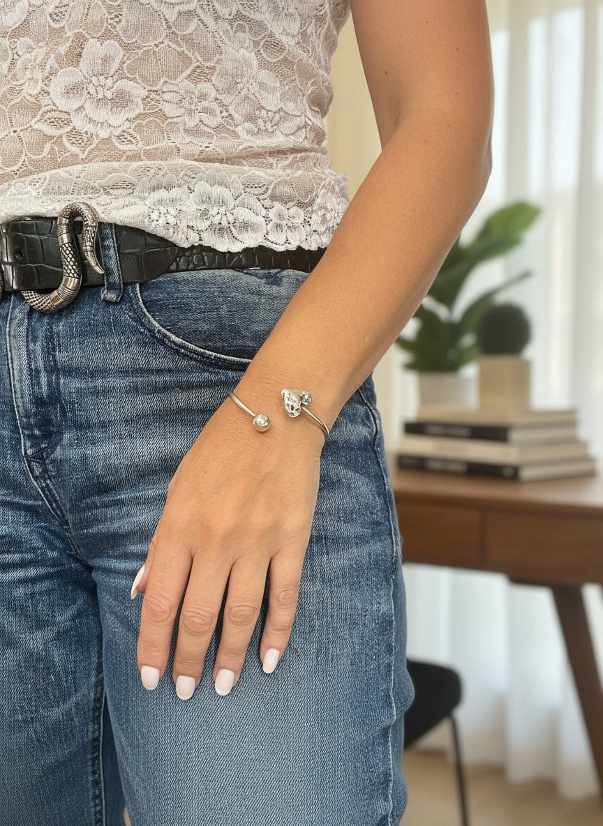 Pulsera corazón y bola ajustable plata 10µ