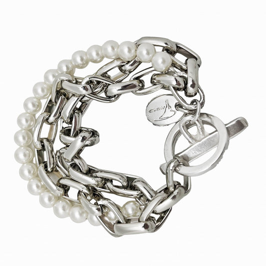 Pulsera perlas y cadena 3 lineas en plata