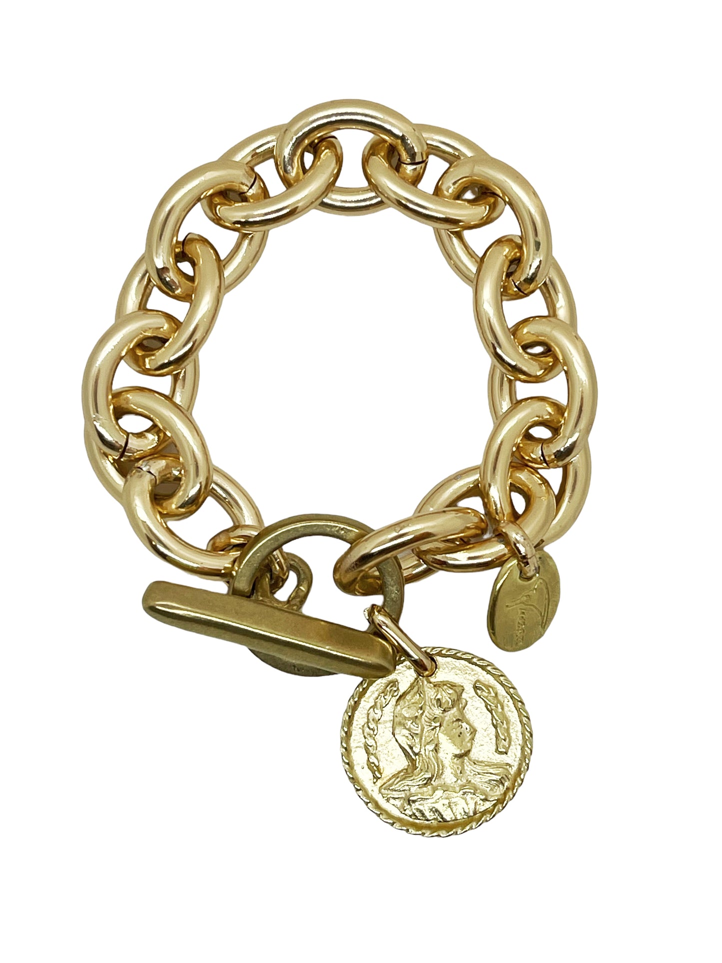 Pulsera en cadena con moneda Camp antigua en dorado
