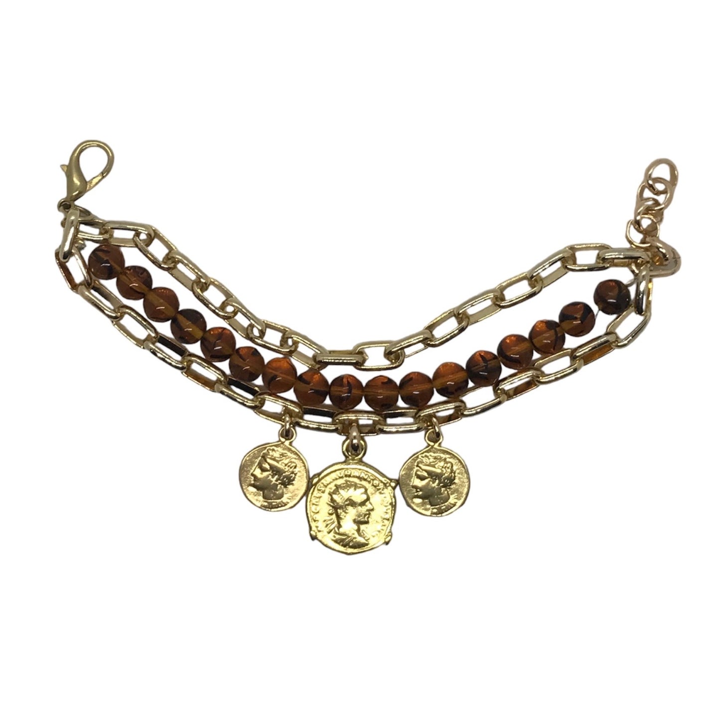 Pulsera triple cadena y cristal ambar en dorado