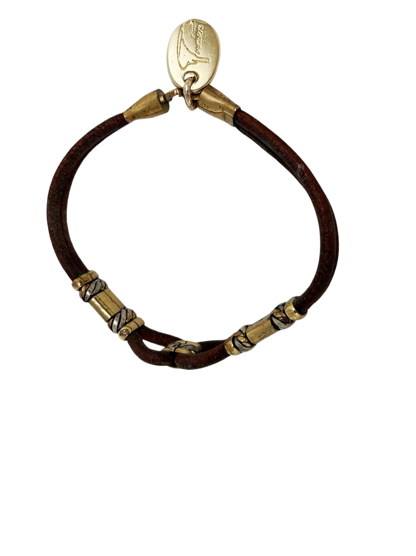 Pulsera cuero latón y cobre enlazado artesanal únicas