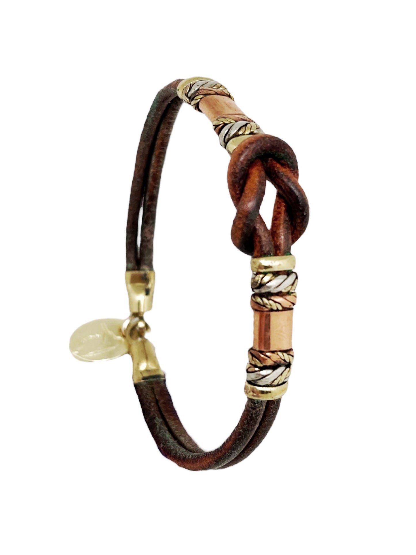 Pulsera cuero latón y cobre Nudo artesanal únicas