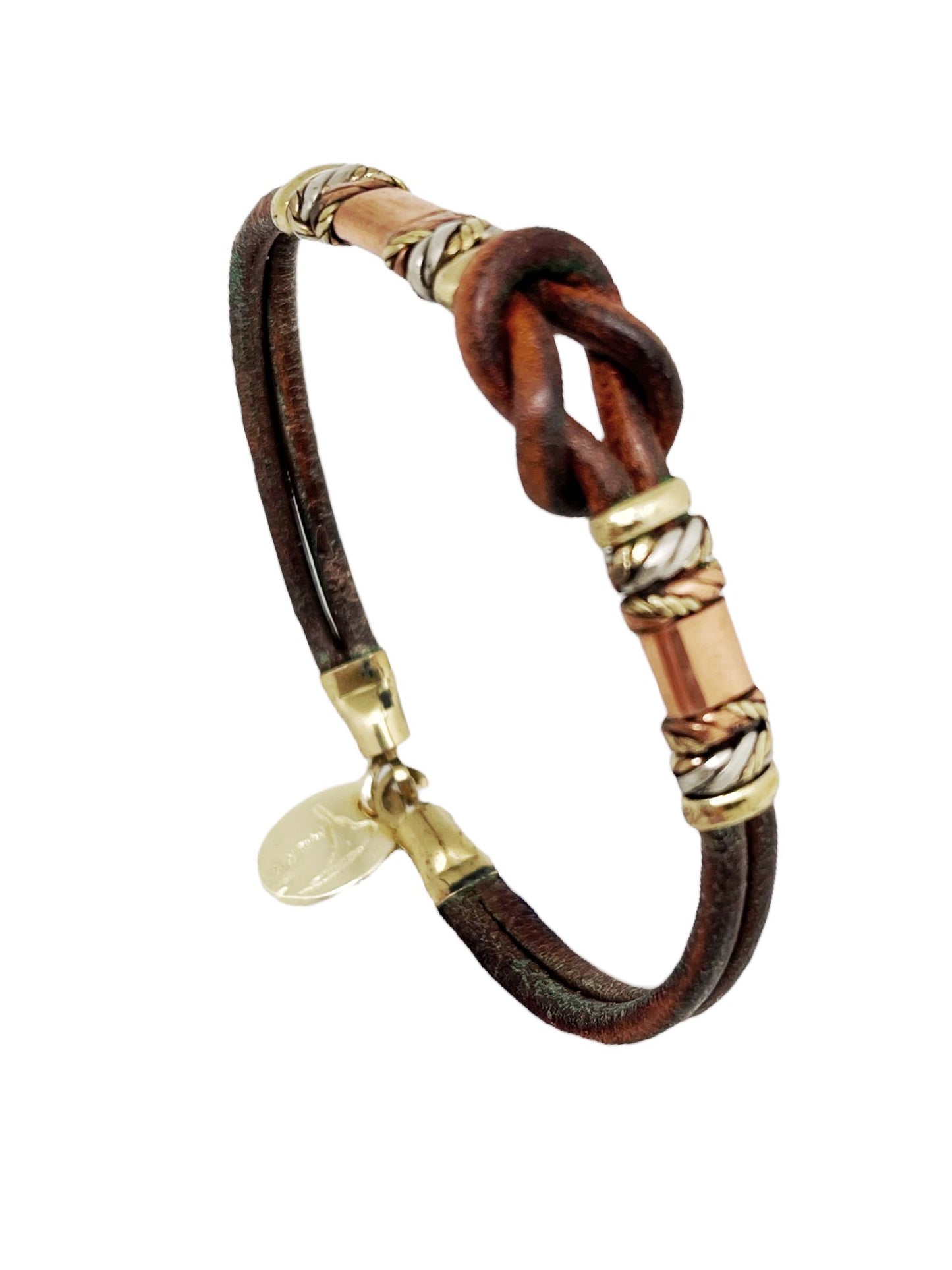 Pulsera cuero latón y cobre Nudo artesanal únicas