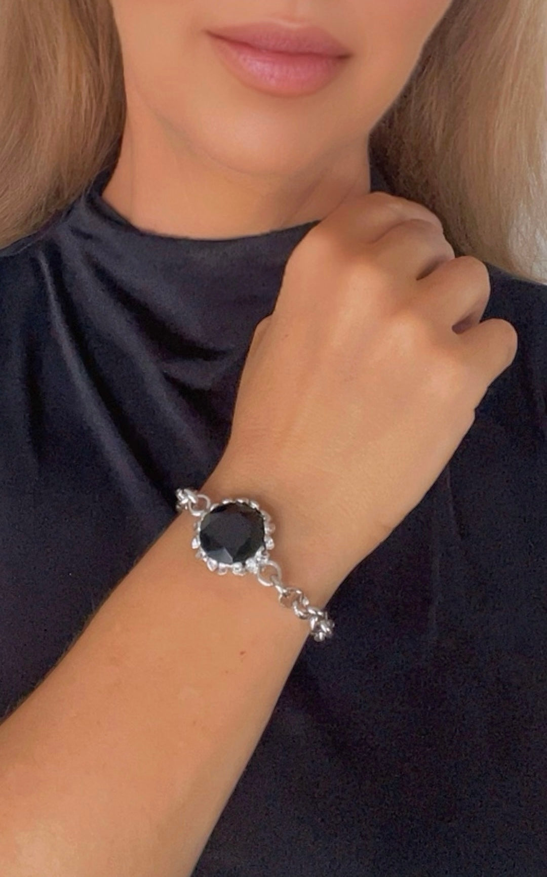 Pulsera Girasol cristal negro , azul o piedra semipreciosa en ojo de tigre