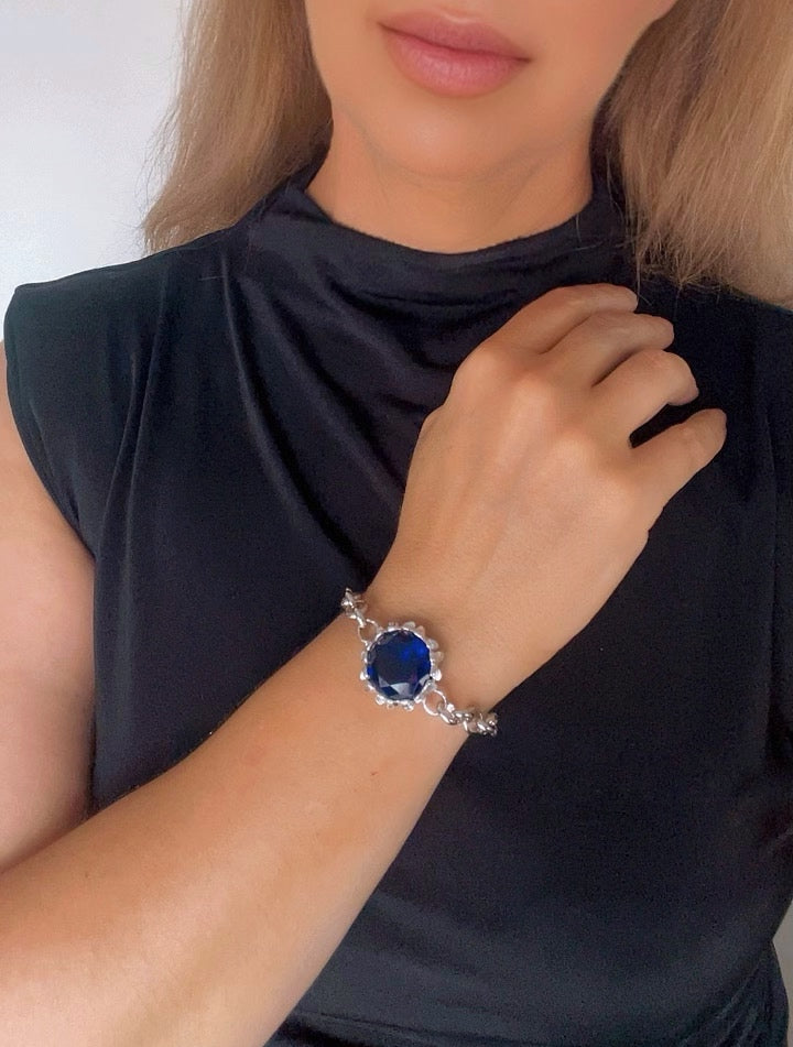 Pulsera Girasol cristal negro , azul o piedra semipreciosa en ojo de tigre