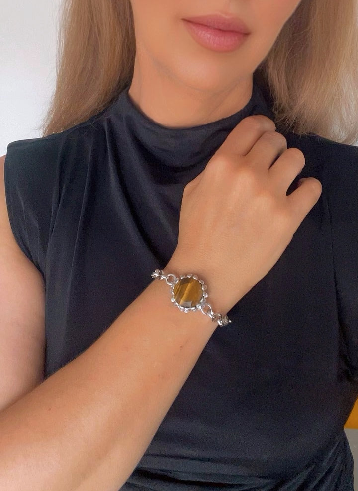 Pulsera Girasol cristal negro , azul o piedra semipreciosa en ojo de tigre