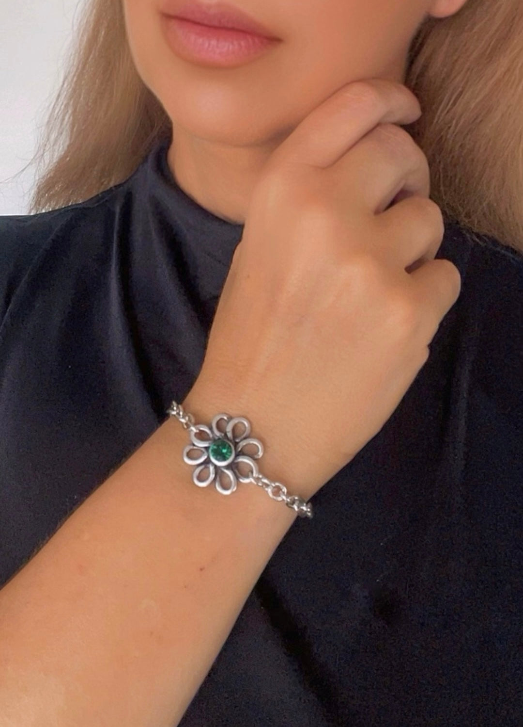 Pulsera flor margarita plata cristal Sw verde esmeralda