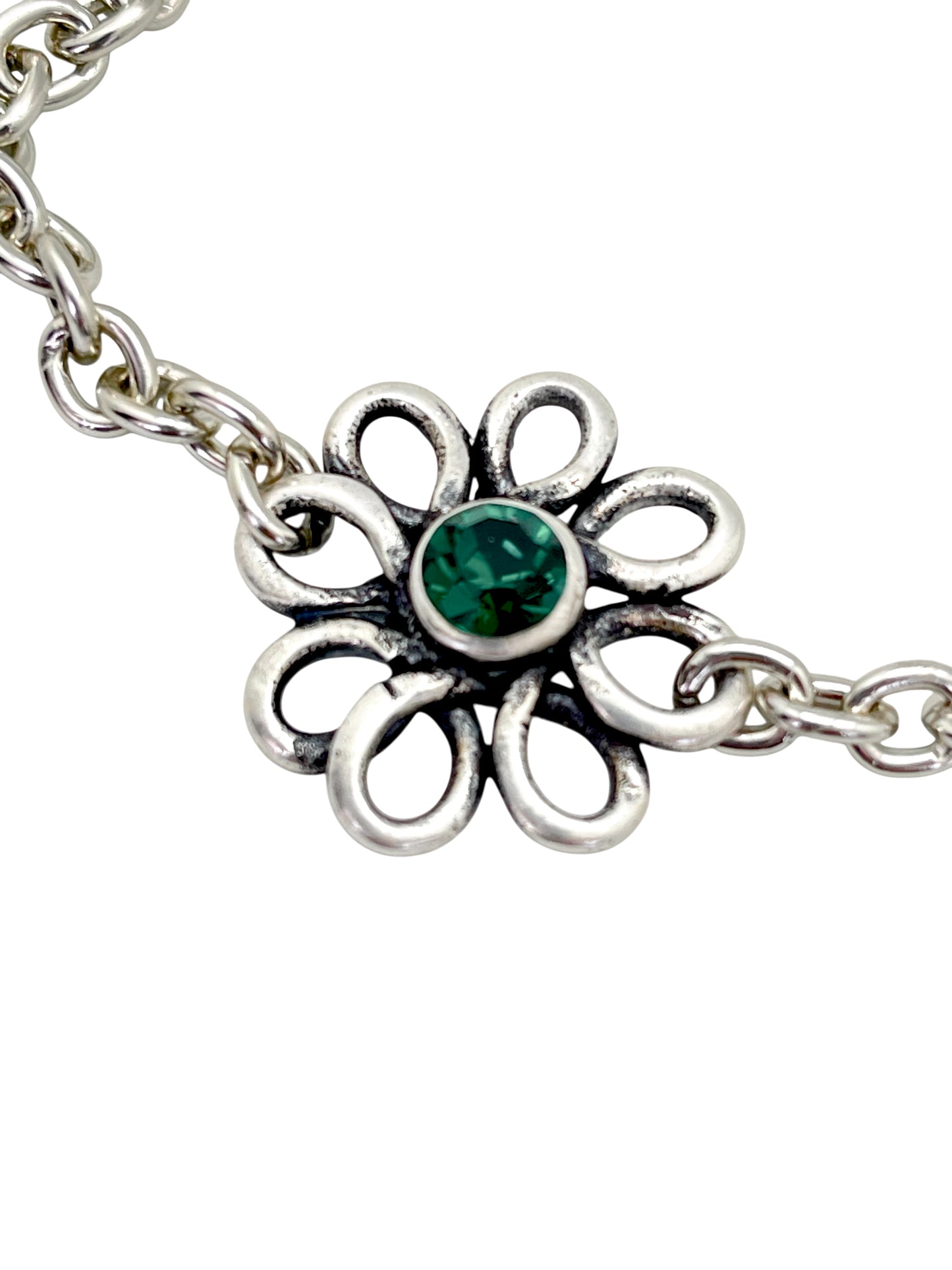 Pulsera flor margarita plata cristal Sw verde esmeralda