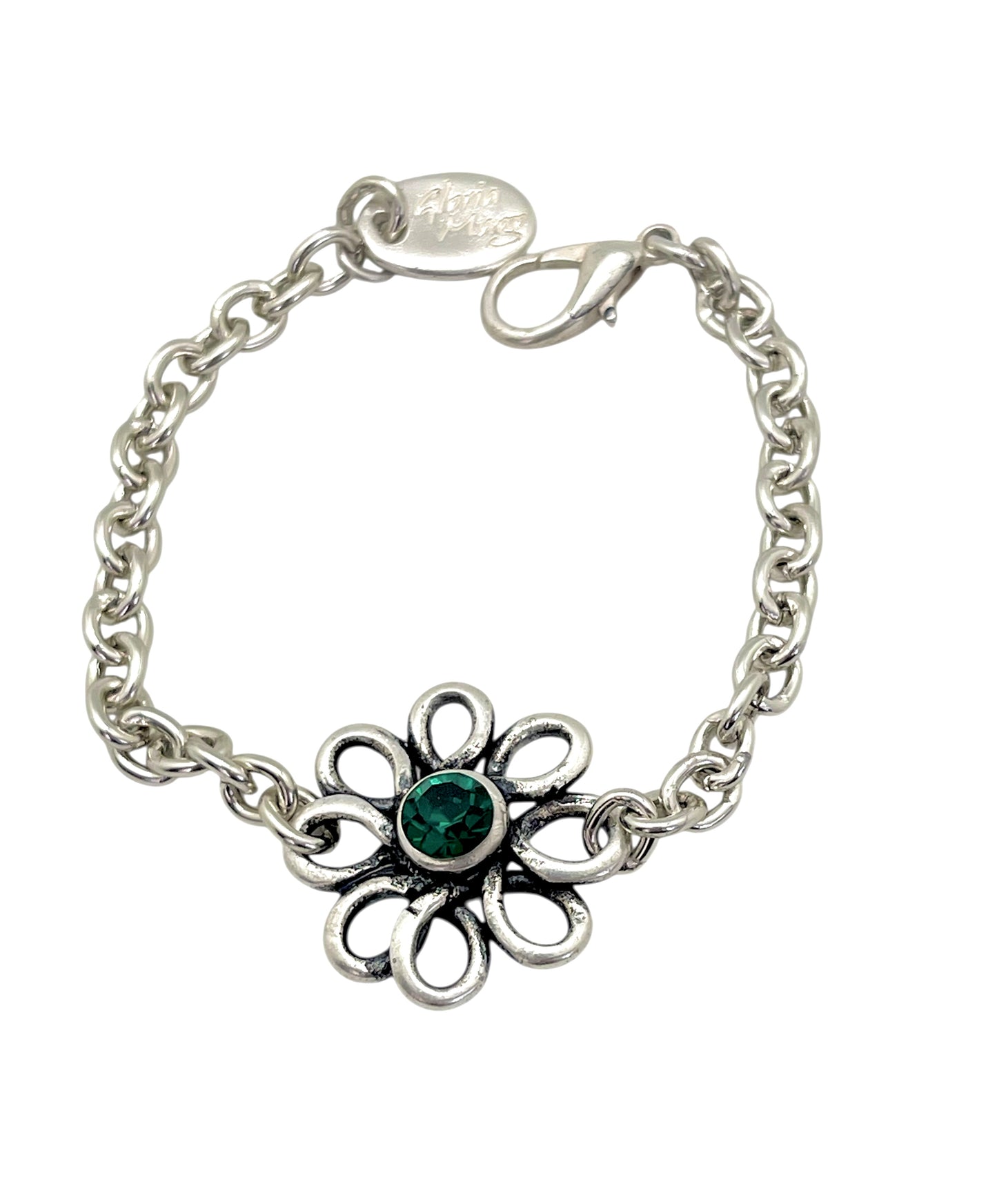 Pulsera flor margarita plata cristal Sw verde esmeralda