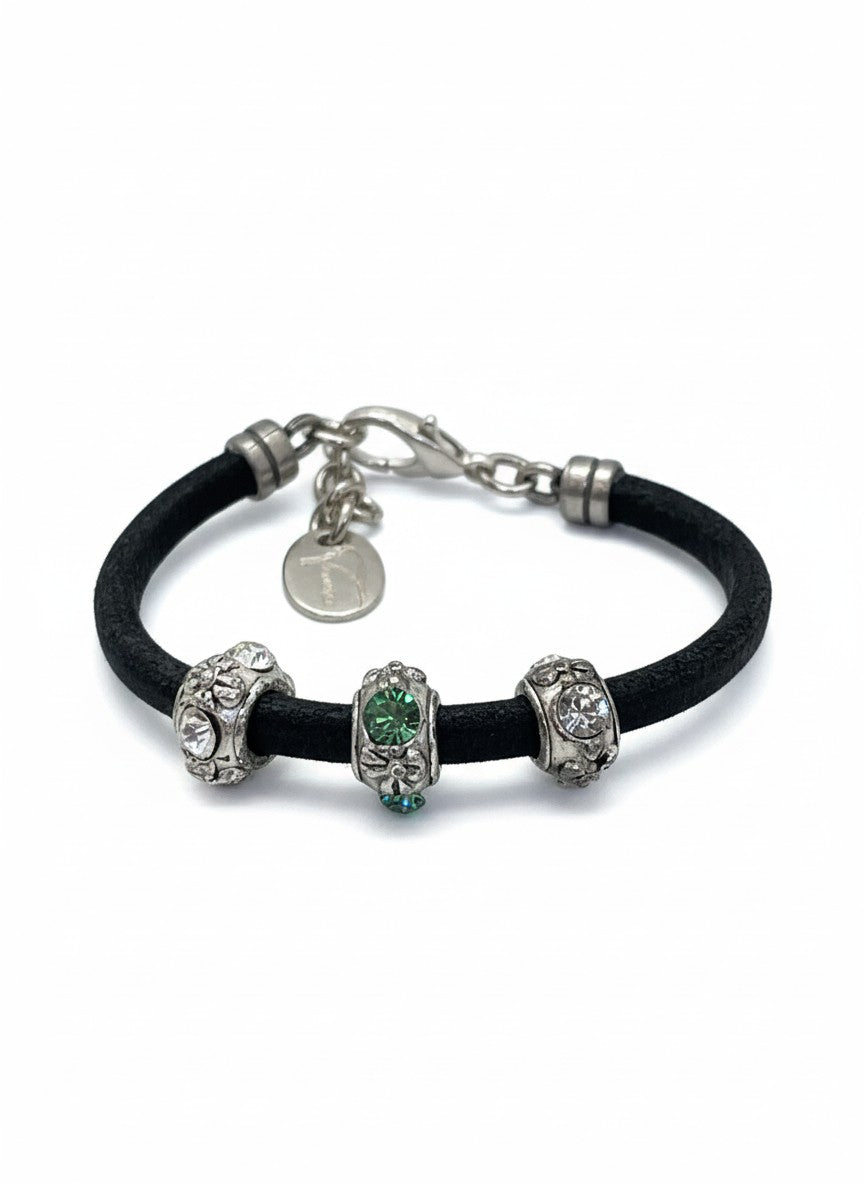 Pulsera cuero Tricolor con cristales de Sw en plata 10µ