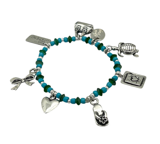Pulsera  elástica charms plata 10µ con resinas colores tono azul