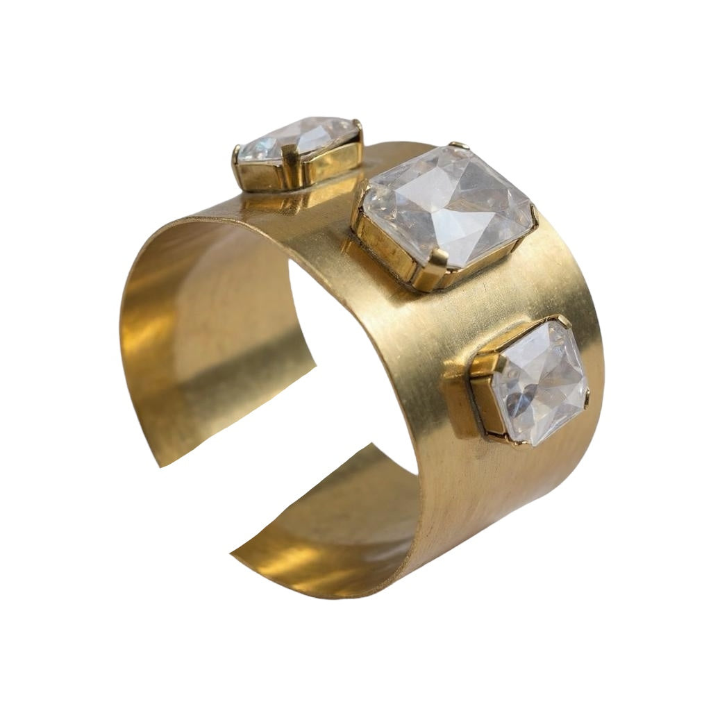 Brazalete ancho latón dorado  y cristales diseño Gloria Mago