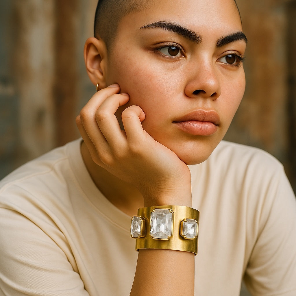 Brazalete ancho latón dorado  y cristales diseño Gloria Mago