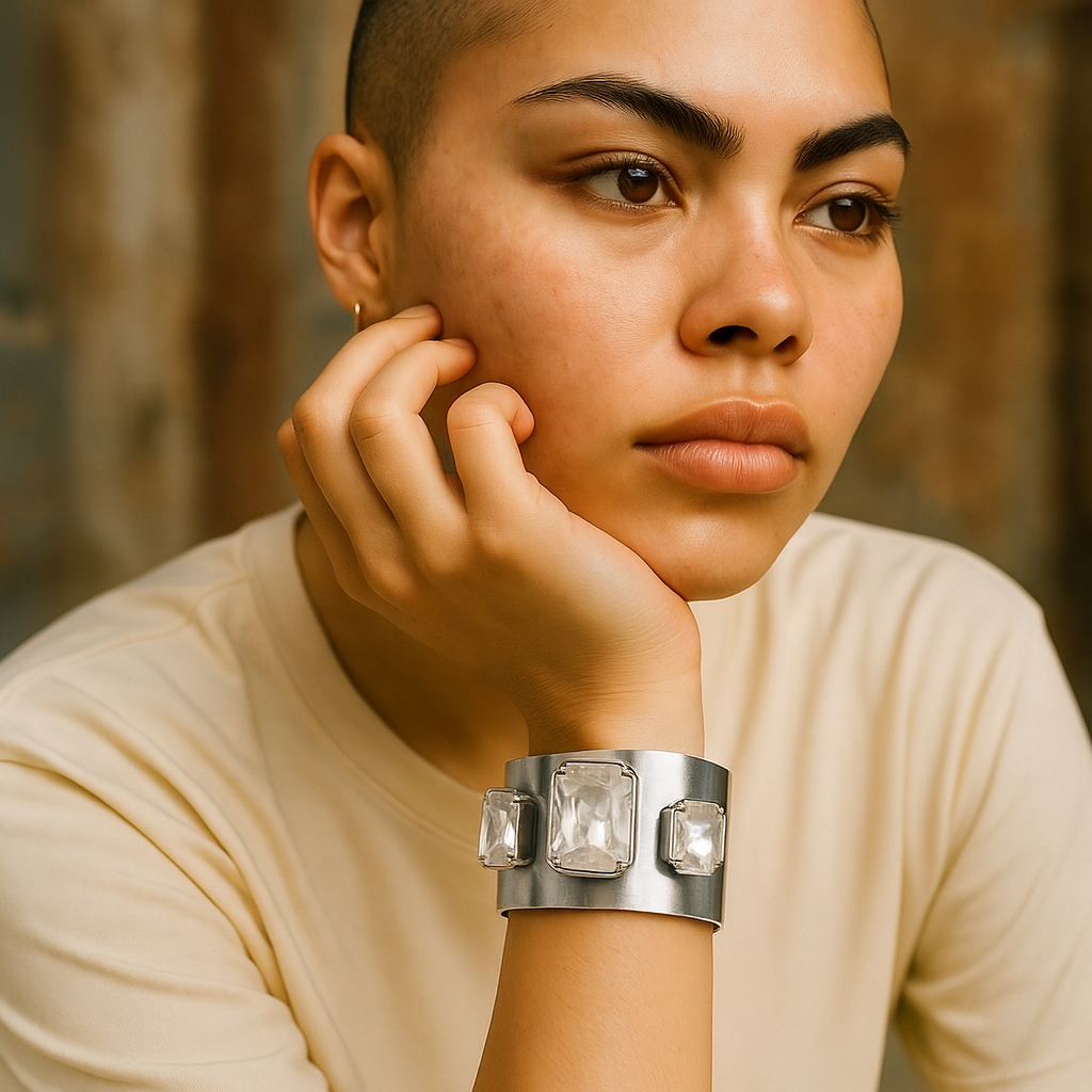 Brazalete ancho latón plata chapado 10µ y cristales diseño Gloria Mago
