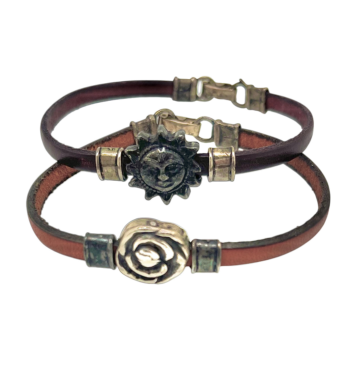 Pack de 2  pulseras cuero Nature plata de ley 10µ envejecidas_vintage.