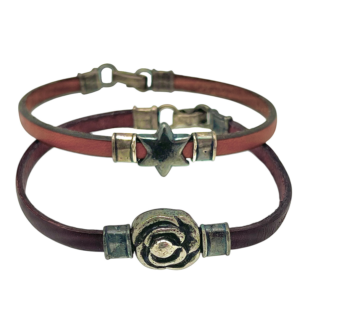 Pack de 2  pulseras cuero Nature plata de ley 10µ envejecidas_vintage.
