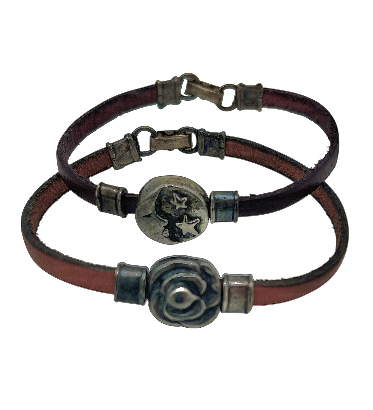 Pack de 2  pulseras cuero Nature plata de ley 10µ envejecidas_vintage.